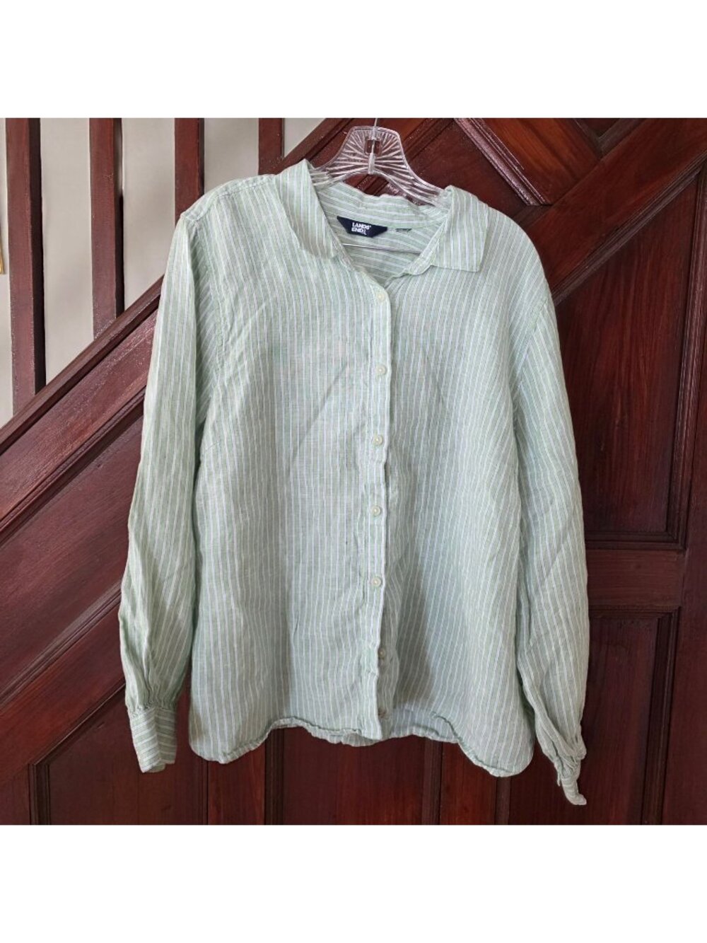Lands End Womens Green & White Striped 100% Linen Button-Up Long Sleeve Shirt 2x